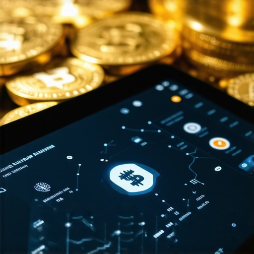 A digital device showing blockchain transaction data over a background of gold coins.
