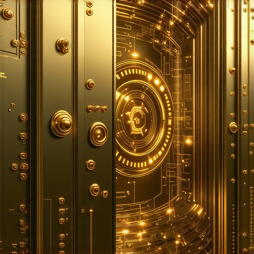 Blockchain and gold storage fusion High-tech gold vault with digital blockchain connections