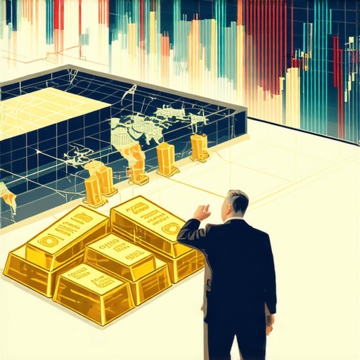 Illustration showing central banks managing gold reserves with geopolitical and financial symbols.