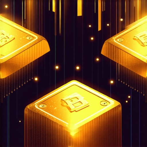 Futuristic illustration of digital gold trading with blockchain symbols