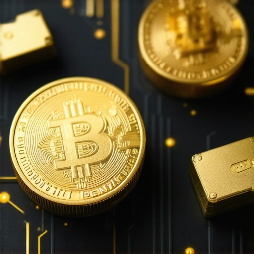 Visual representation of digital gold tokens on blockchain platform with secure vault backdrop.