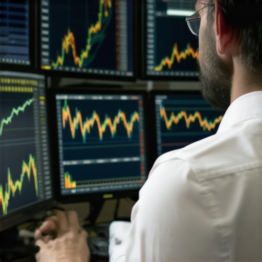 Expert analyzing gold futures data Financial analyst studying gold futures charts on computer screens