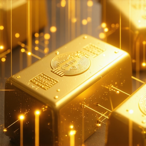 Illustration showing gold bars connected via blockchain technology symbols indicating secure digital gold management.