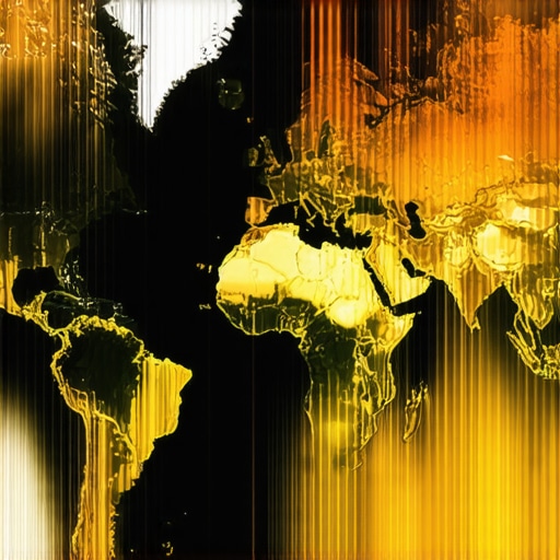 Map showing gold mining regions worldwide with icons representing technological and geopolitical elements.