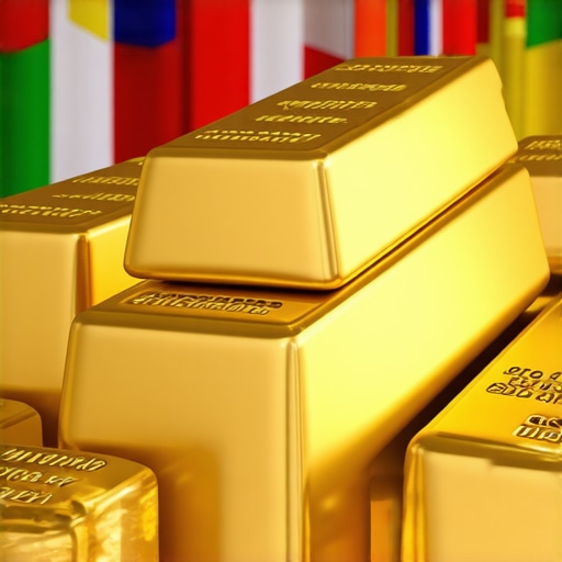 Stacks of gold bars with flags representing BRICS nations in the background.