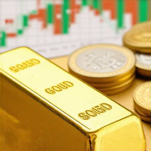 Gold bars and coins with financial market charts.