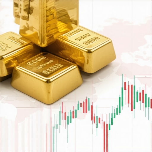Stacked gold bars with financial charts and geopolitical maps in the background