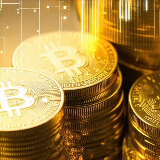 Gold coins with digital blockchain overlays representing modern financial assets.