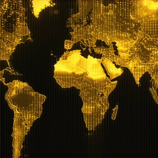 Visualization of digital gold trading integrating blockchain with geopolitical symbols