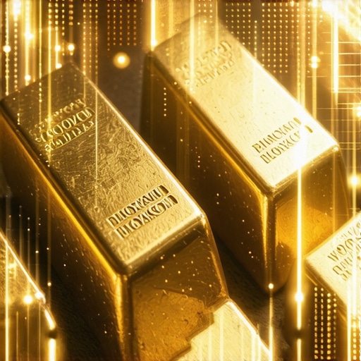 Gold bars secured in a vault combined with digital blockchain graphics