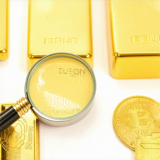 Close-up of gold bars and coins with magnifying glass for authenticity check.