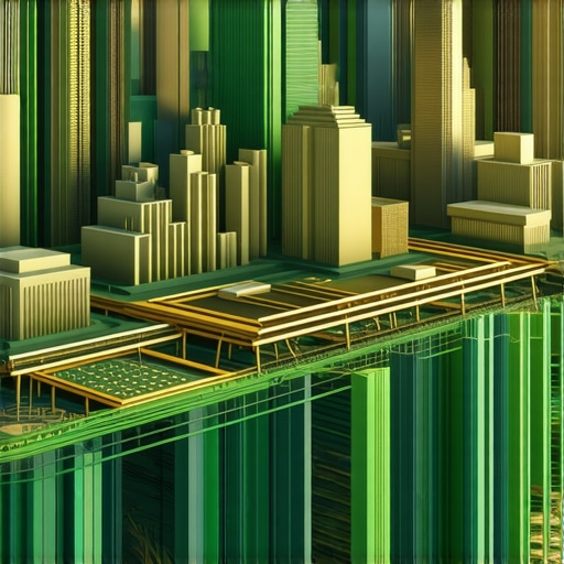 Futuristic city with green energy technology utilizing gold components.