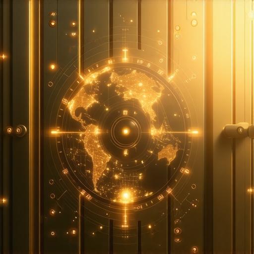 Futuristic gold vault with biometric security and multiple vault locations on a digital map