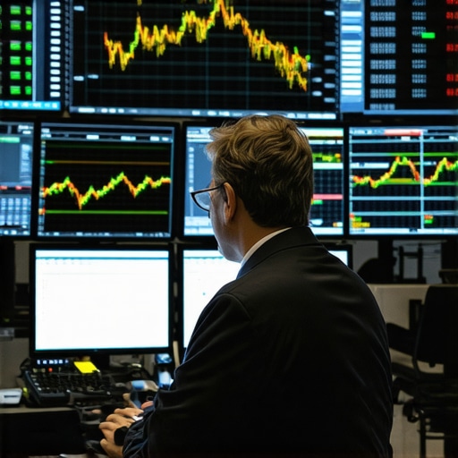 High-Tech Gold Trading Analysis Trader analyzing digital gold market charts on multiple screens in a modern trading environment