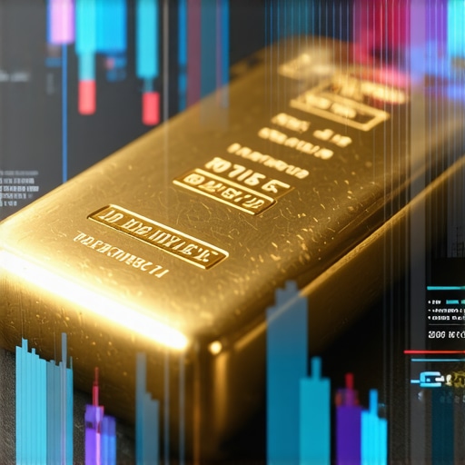 Gold bar with digital analytics overlay showing market trends.
