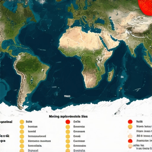 Map highlighting major gold exploration areas, geopolitical tension zones, and technological hubs.