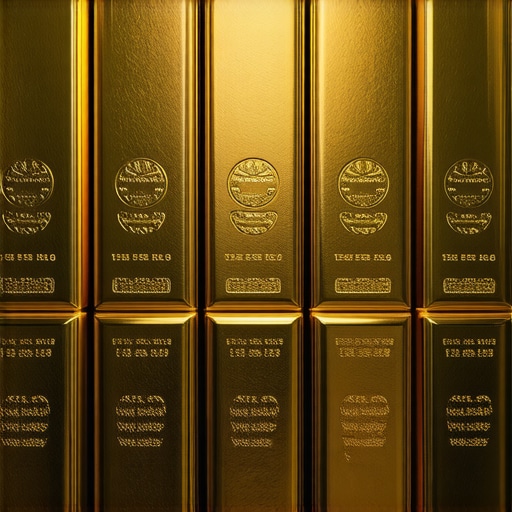 A secure vault filled with meticulously stacked gold bars in a modern bank setting