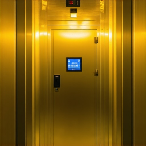 A state-of-the-art gold storage vault showcasing biometric access controls and digital security monitors.
