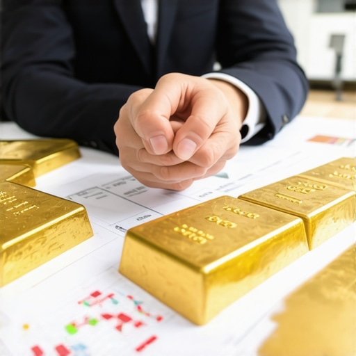 Negotiation scene between investor and gold dealer Investor negotiating with gold dealer in a professional setting, gold bars and market charts visible