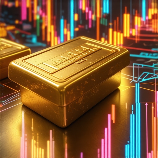 High-tech digital gold trading interface showcasing holographic charts and blockchain integration
