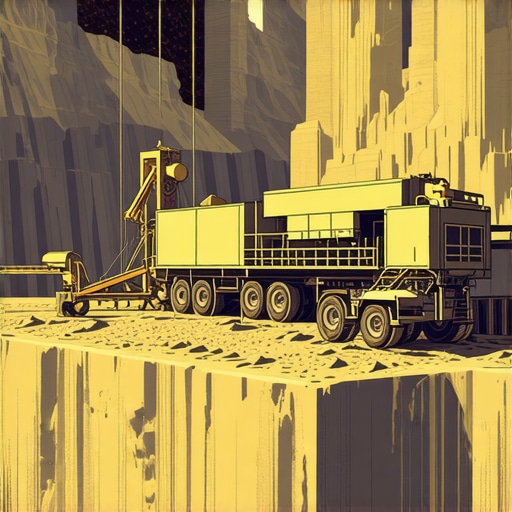 A digital illustration showing innovative gold mining machinery amidst geopolitical symbols and eco-friendly energy sources.