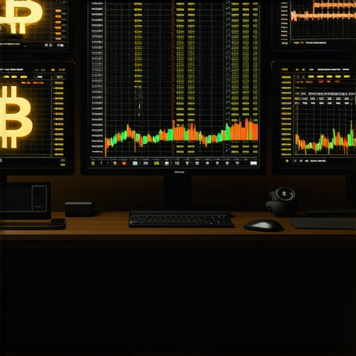 Futuristic financial trading workspace with digital interfaces and blockchain symbols.