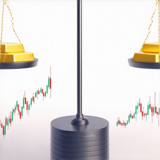 Scale balancing gold bars and digital stock charts representing investment choices in gold.