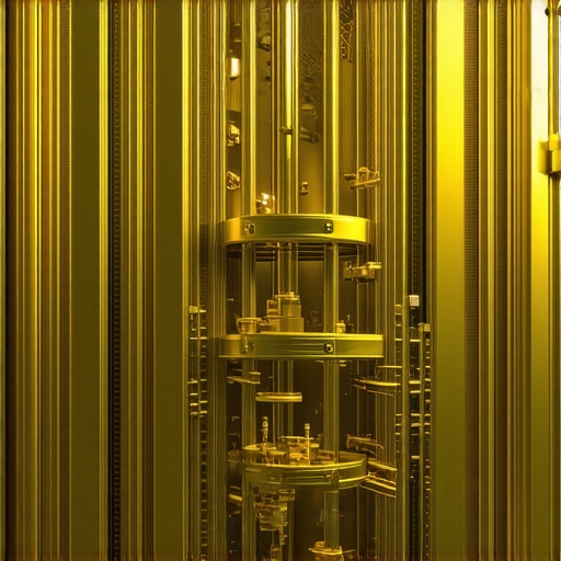 Futuristic quantum computing lab featuring gold components and advanced tech equipment