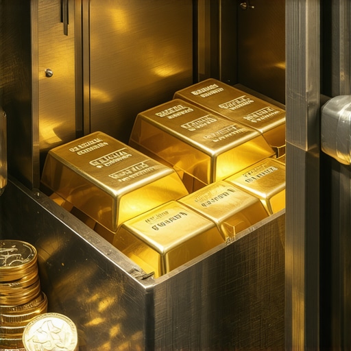 A high-security vault filled with gold bars and coins, representing physical gold storage security.