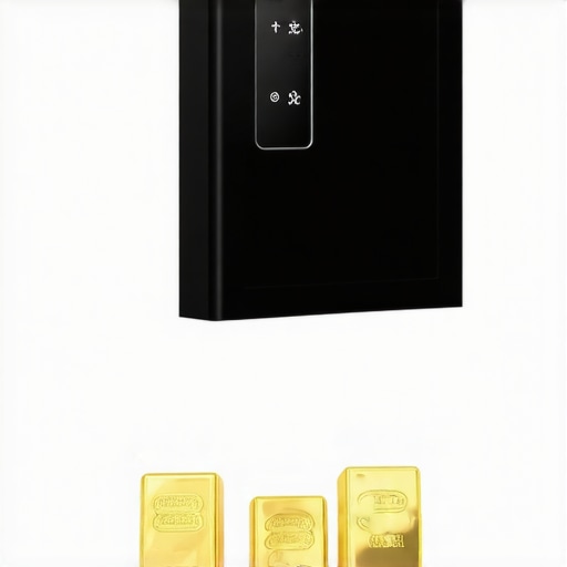 Secure Gold Storage with Blockchain Verification Biometric safe storing gold bars alongside a digital blockchain verification interface