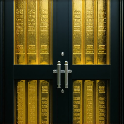 Image of a high-security gold vault with stacked gold bars inside.