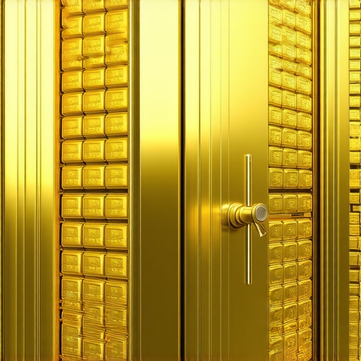 Secure Gold Vault with Bullion Bars Interior view of a high-security gold vault with stacked gold bars and advanced security features.