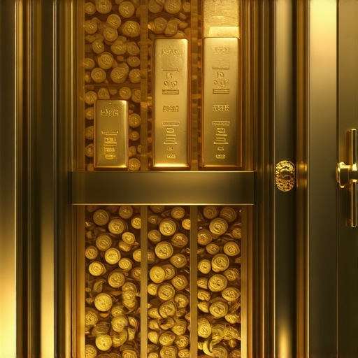 Luxurious gold vault showcasing gleaming gold bars and modern security systems.