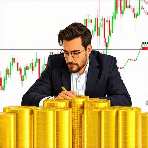 Close-up of hands analyzing financial charts with gold coins on the desk