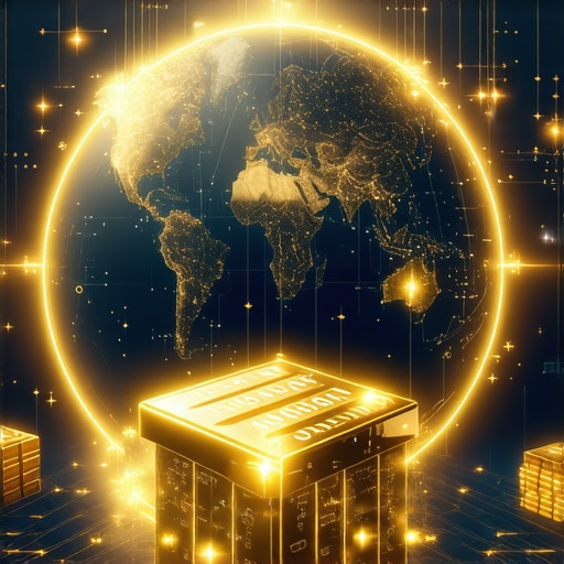 A futuristic image showing a gold vault connected to blockchain network icons and satellite links, representing advanced gold security technologies.