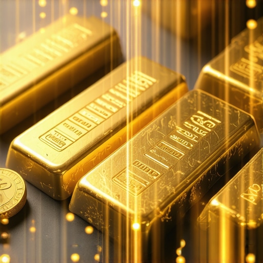 Gold bars and coins with digital blockchain overlay illustrating modern investment strategies.