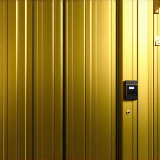 Futuristic secure gold storage integrating biometric safes, IoT sensors, and blockchain technology.