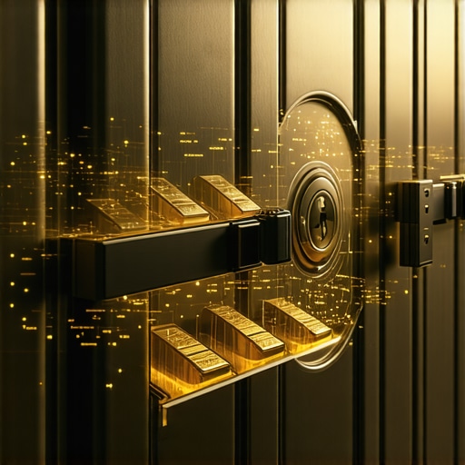 High-security vault with gold bars and digital blockchain graphics demonstrating advanced secure storage methods.