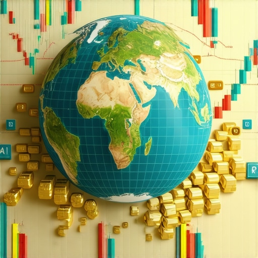 A globe with gold bars and financial charts representing international gold investment trends.