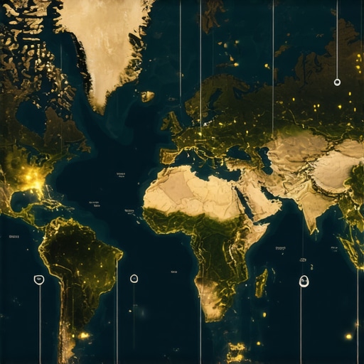 Illustration of interconnected global gold supply chain with blockchain and geopolitical symbols