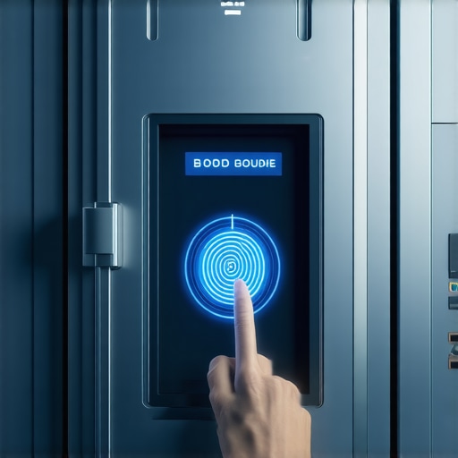 High-tech gold vault emphasizing biometric and blockchain security features.
