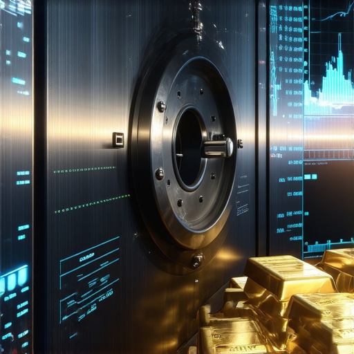 Vault filled with gold bars juxtaposed with digital financial data visualizations
